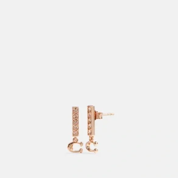 Coach Rose Gold Bar Stud Earrings Pavé Crystal Logo Drop NWT - Picture 4 of 4